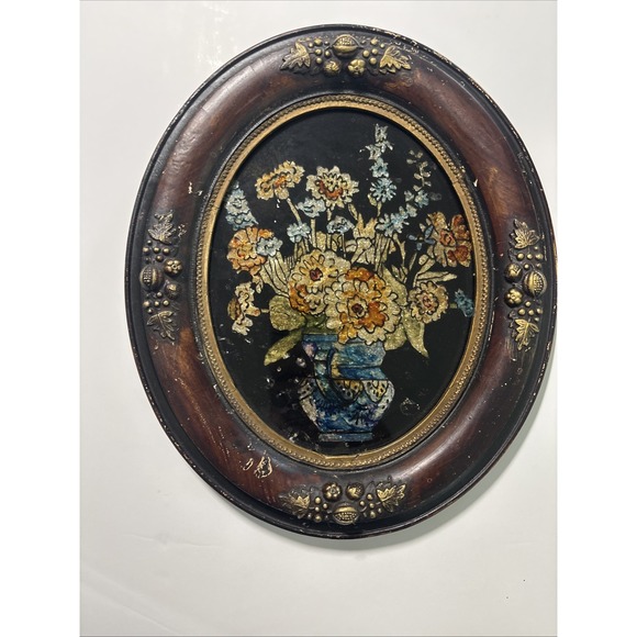 Other - Antique Victorian Style Reverse Painted Glass With Foil Accents Well Framed